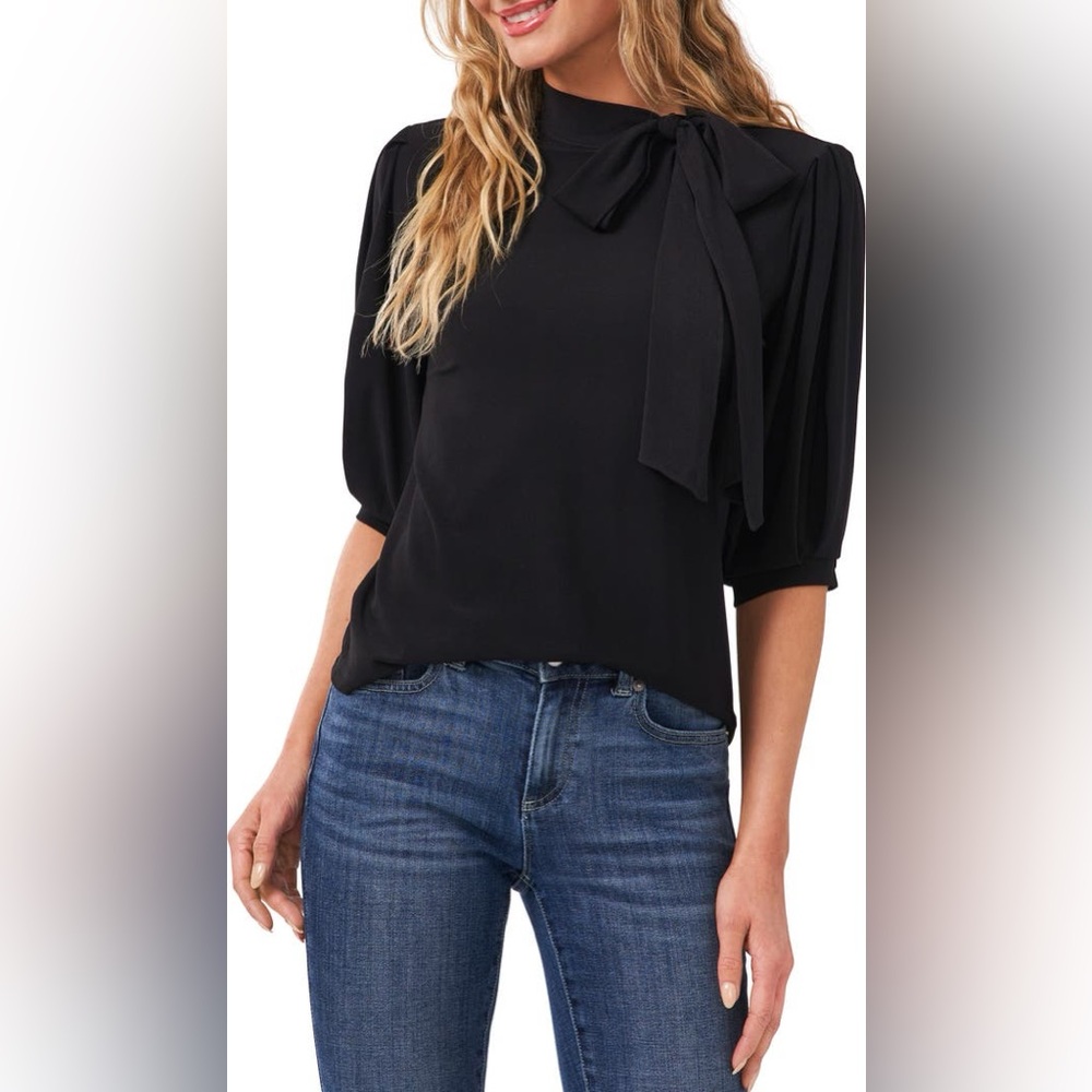 CeCe Blue Tie Front Blouse Relaxed Fit XS‎ NWT Puff Feminine